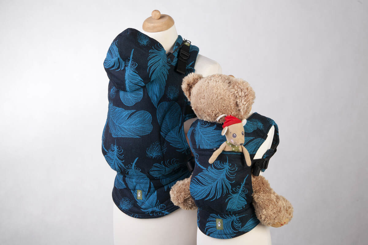 Doll Carrier made of woven fabric, 100 cotton FEATHERS TURQUOISE & BLACK